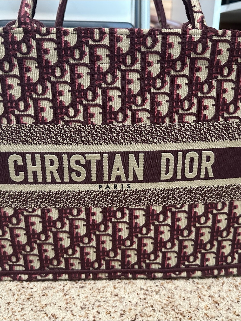Dior jacquard tote in burgundy and cream